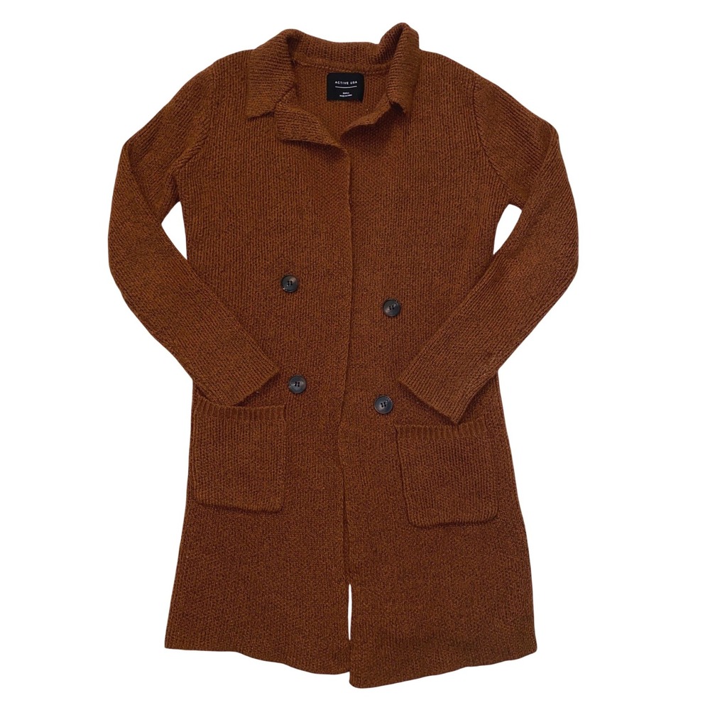Active USA Women Rust Brown Double Breasted Knit Cardigan Sweater Small Academia - Picture 2 of 9